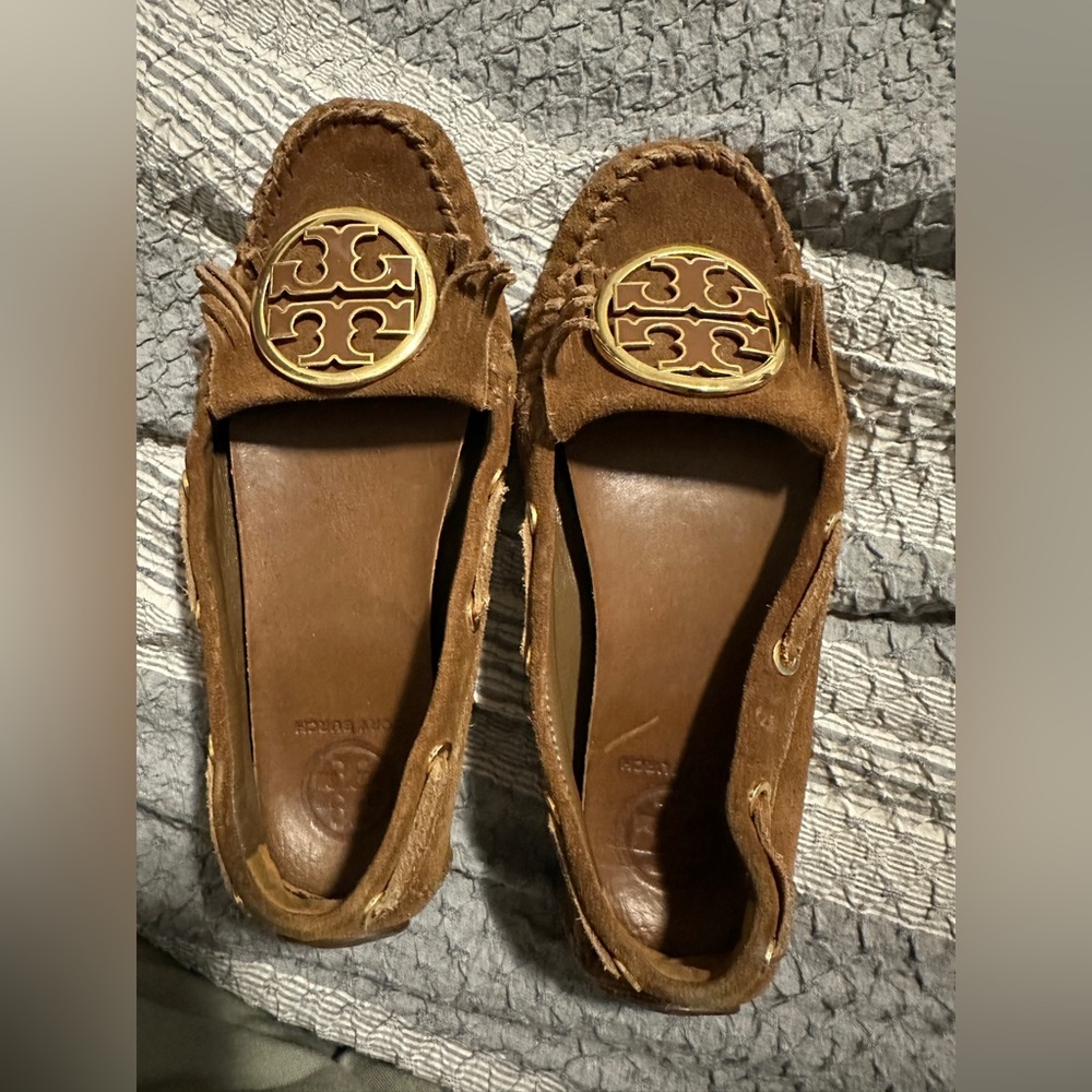 Tory Burch Tan Moccasins with Gold Emblem